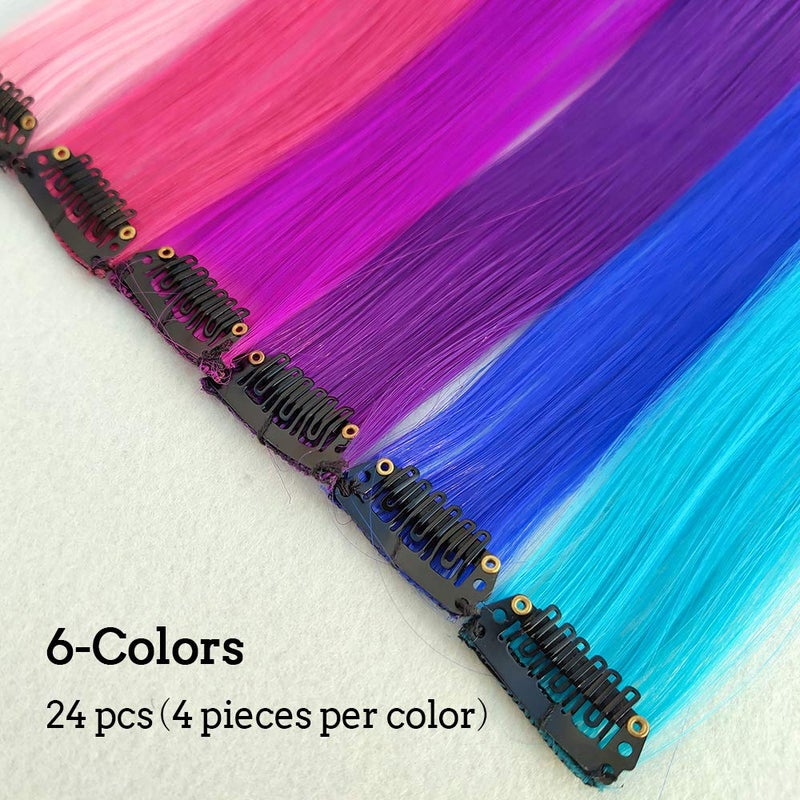 KGBFASS 24 Packs Colored Clip in Hair Extensions 20'' Colorful Straight Hair Extensions Clip in for Kids Multi-Colors Party Highlights Hairpieces(Pink,Purple,Blue) - Image 2